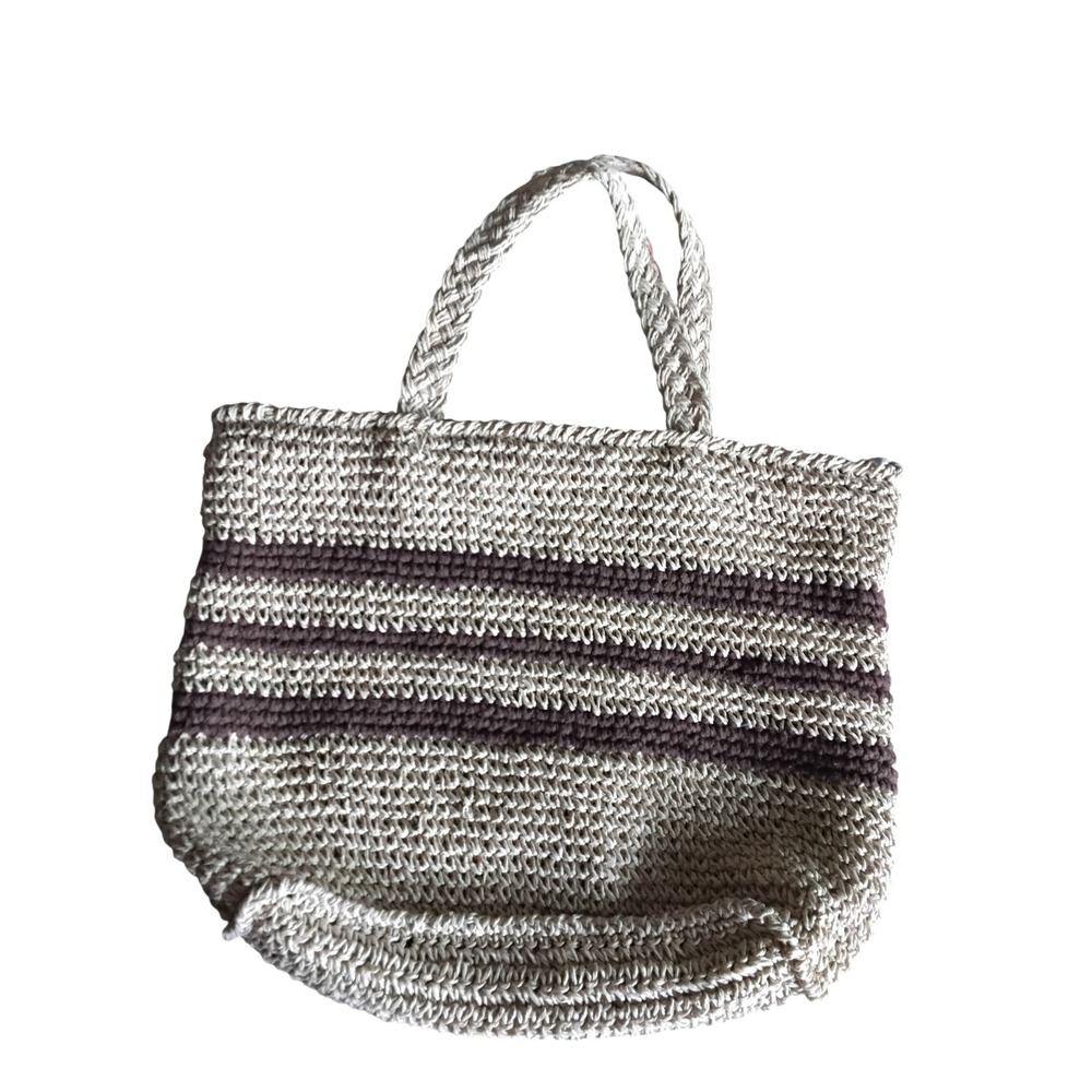 Woven Straw Tote Bag Brown Striped Beach Shoulder Bag Zipper Closure RN 87429